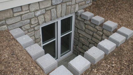 Shot showing basement windows that were recently mended along with a stone-surrounded window well due to previous water presence in the pit