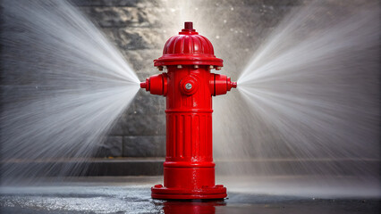 Bright red fire hydrant spraying water from both sides on a wet street with a textured background