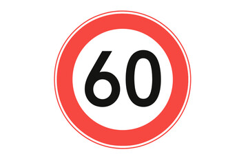Speed Limit Road Sign 60 kmh. Vector illustration. Traffic regulation, maximum speed control, circular prohibition sign with red border and bold black number. Highway traffic law safety icon.