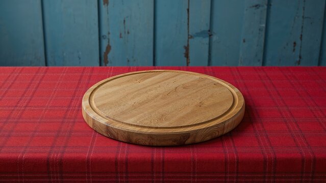 Round wooden board placed on a red tartan cloth. Blue wooden backdrop inside an eatery. Aerial shot with empty area for content