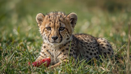 Fototapeta premium Lunch break for a baby cheetah