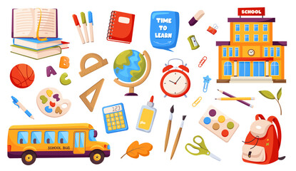 Set of school supplies: globe, paints, backpack, school bus, school building, pencils, brushes, ruler, scissors, calculator, books, glue. Back to school concept vector illustration isolated on white.