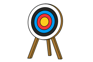 Archery target board on stand. Colorful bullseye rings concentric circles. Competitive sports equipment. Accurate aim concept. Vector illustration. Precision practice, scoring, competition.