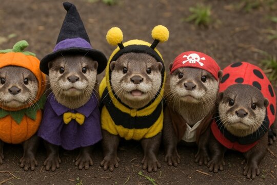 Adorable otters in cute costumes.