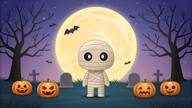 Cute cartoon mummy character standing in a spooky graveyard with pumpkins and a large full moon on halloween night