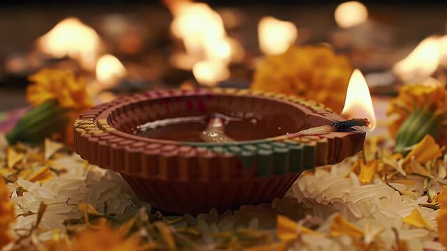 A decorative clay diya lamp burns brightly on a bed of marigold petals for a festival, with glowing lights in the background.
