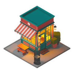 3d Cozy isometric corner store and coffee shop isolated on transparent background