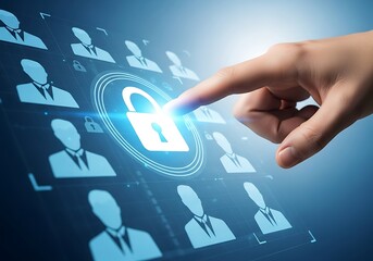 Digital security concept with a finger touching a glowing padlock icon representing data protection and privacy for multiple users