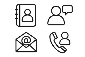 Contact communication icons collection. Linear outline set of business communication, address book, user chat, email, phone call symbols. Modern web, network, messaging, office vector concepts