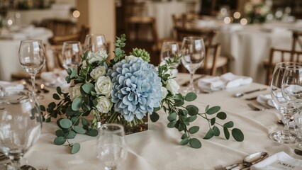 Fototapeta premium Timeless wedding styling with blue and green flowers combined with glass cubes, focus on reception elements
