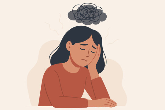 Depressed woman sitting with hand on face stress concept. Female mental health disorder burnout. Negative emotions social anxiety mental fatigue emotional stress symptoms sadness illustration