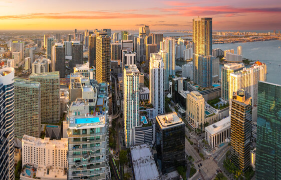 Miami, major city in Florida. Skyscraper buildings in downtown district of USA urban area at sunset. American megapolis with business financial district