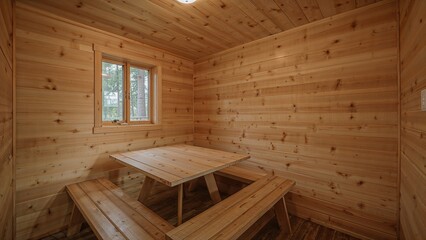 Charming wooden cabin space with a modest dining setup, surrounded by wood-paneled walls and soft ambient light.