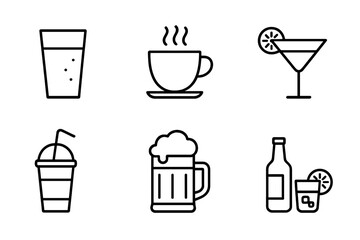 Drinking Glass Beer Coffee Cocktail Smoothie Bottle Line Icons. Vector Beverage Set. Outline Bar Drink Symbol Collection. Alcohol, Non Alcohol, Hot Cold Drink Icons. Minimal Bartender UI Elements
