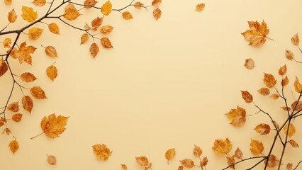 Creative autumn banner with golden twigs and diverse leaf shapes on a soft yellow base