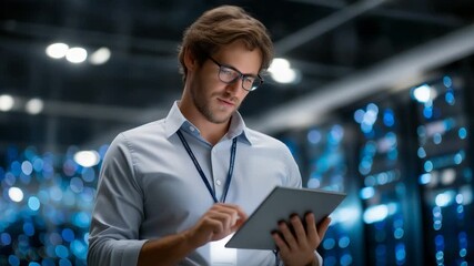 IT specialist configuring cloud servers in a high-tech server room, representing modern technology, cloud computing, network management, data infrastructure and digital innovation - Powered by Adobe