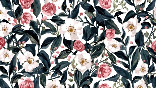 Hand-painted seamless design of botanical wildflowers and garden herbs. Includes pink flower illustrations, leafy elements, and natural accents. Great for decoration, scrapbooking, birthday and party - Powered by Adobe