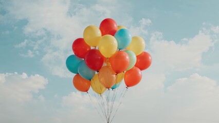 Colorful helium balloons soaring high amidst clouds