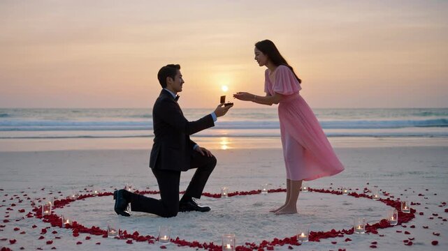 Romantic Beach Proposal at Sunset Surrounded by Rose Petals and Candles