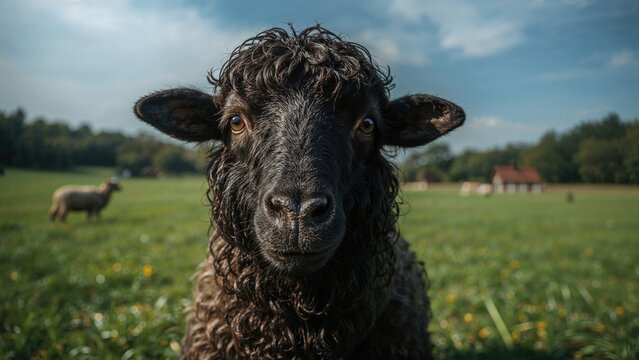 Close-up of a happy black sheep grazing in a rural field. Charming livestock snapshot from a small farm. Amusing farm animal picture.