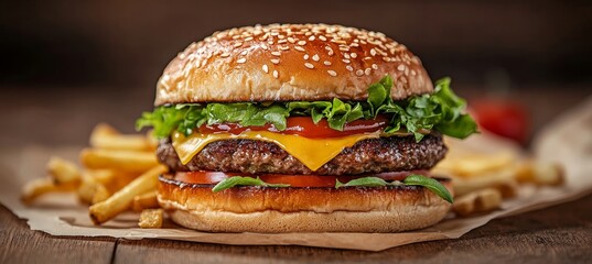 Mouthwatering Gourmet Hamburger with Beef, Cheese, Fresh Lettuce, Tomato, and Crispy Fries