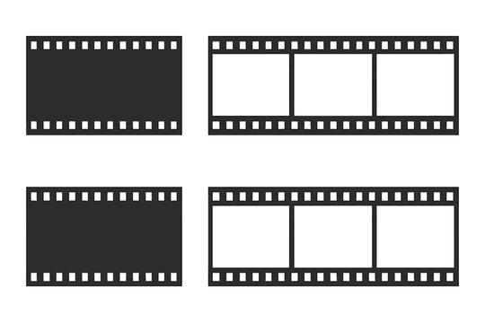 Vintage photographic film strips set, blank and framed film negatives, retro cinema reel borders, classic photogram elements, analog photography frame collection, isolated on transparent background