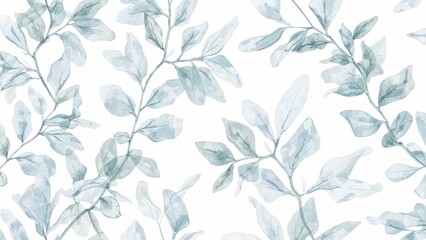 See-through eucalyptus leaf pattern. Manually created twig drawing on a white background. Endless decorative wallpaper and fabric design.