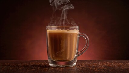 A glass filled with hot, fragrant masala-infused tea with milk set on a dark background, vertical composition.