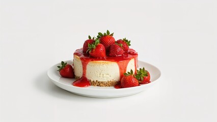 Strawberry topped cheesecake on a white backdrop, served on a plate, sweet dessert treat