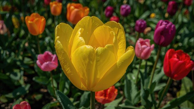 Detailed view of a bright yellow double late tulip blooming surrounded by multicolored flowers in a flourishing garden