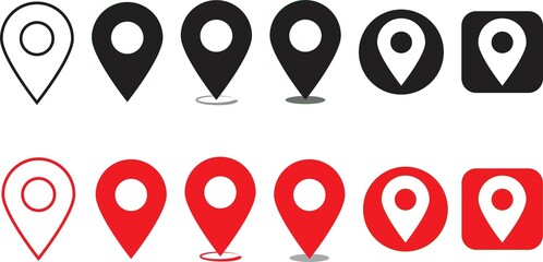 Location pin or map pin icon set. GPS location sign. Map navigation sign in red and black color