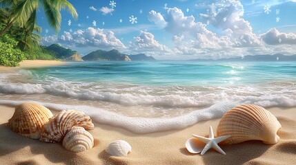 Beautiful beach scene, starfish and seashells on sand, vibrant blue sky with clouds, sunny day, pastel digital art, palm tree snowflakes, sunlight water reflection, high-res sharp