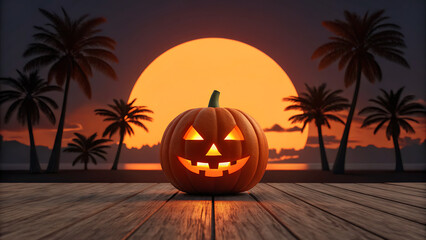 Spooky jack o lantern halloween pumpkin illuminated with glowing face on wooden pier against tropical beach sunset palm trees