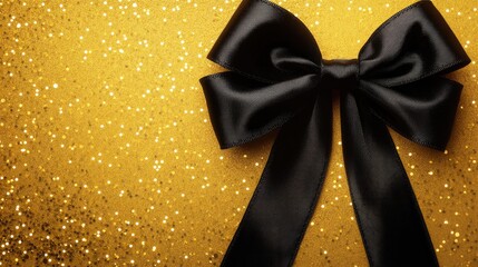 Elegant Black Grosgrain Ribbon Bow on a Dazzling Gold Glitter Background