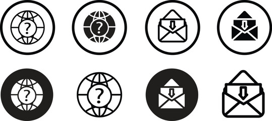 Set of black and white internet and email icons, featuring globe with question mark and envelope with download arrow symbols. Perfect for web, communication, and network concepts.