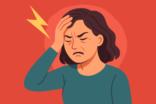 Woman suffering migraine, headache, pain concept. Female holding head in distress. Lightning bolt metaphor for throbbing pain, migraine attack, stress, health issue on vivid red background