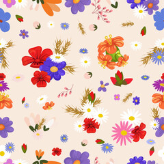 Seamless floral pattern, elegant  print with hand drawn wild flowers. Plant background for fashion, wallpapers, print, paper, cover, fabric, interior decor. Different flowers. Vector illustration