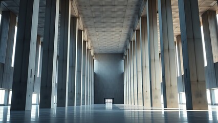 A vast modern concrete hall with towering columns and luminous windows, featuring minimalist architectural design.