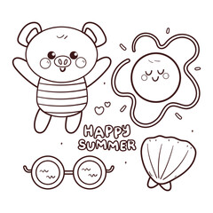 cute coloring page cartoon pig with summer element sticker. summer drawing sticker for coloring book