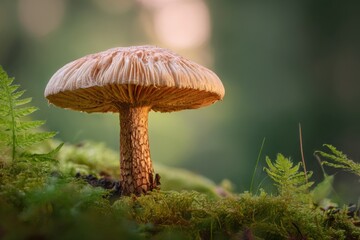 Large textured mushroom with wide cap growing in a lush forest setting during twilight hours