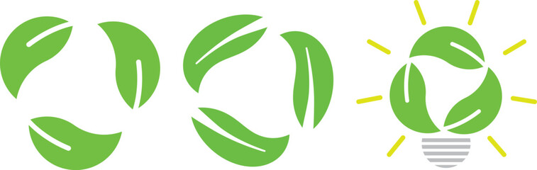 Minimalist eco-friendly light bulb design made of green leaves in a circular recycling shape, symbolizing renewable energy, sustainability, and environmental conservation