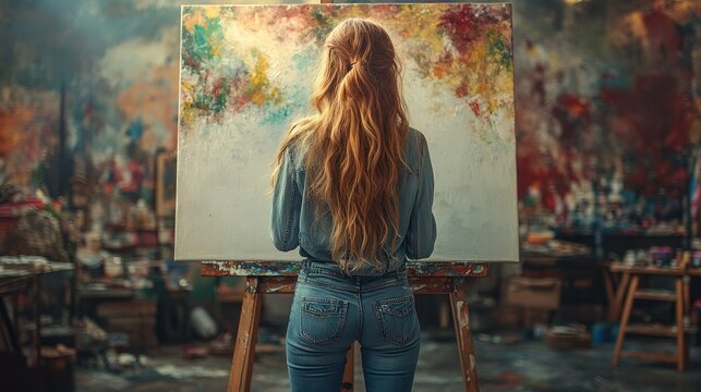 A thoughtful artist stands before a blank canvas, absorbing inspiration in a colorful, chaotic studio environment