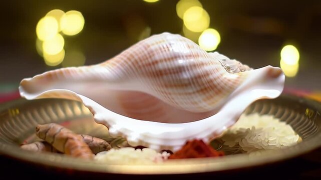 A large, ornate conch shell rests on a decorative plate with ceremonial ingredients, illuminated by soft, blurred background lights.