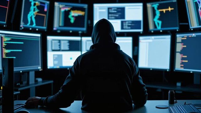 A darkened control room filled with monitors showcasing vibrant data visualizations