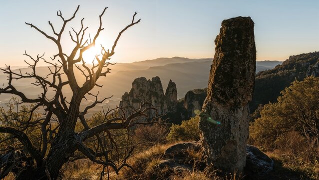 Dawn breaking over natural rock formations with sunlight streaming through leafless branches in a spiritual meeting spot.