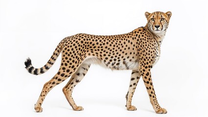 Fototapeta premium Young cheetah at 18 months, Acinonyx jubatus, positioned in front of a white studio background