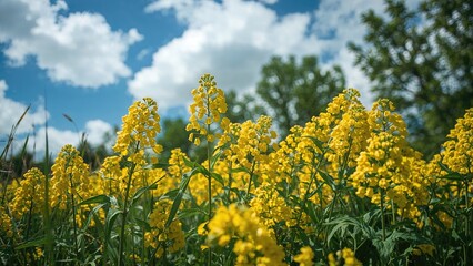 Fototapeta premium Close-range photograph of yellow rapeseed flowers blooming in spring
