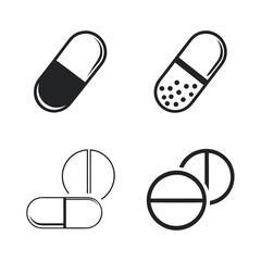 Four black and white icons of pills and capsules on a white background medicine health