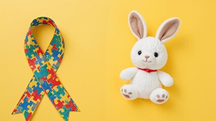 Celebrate the spirit of Autism Pride Day with a vibrant puzzle ribbon and a toy bunny set on a sunny yellow background.