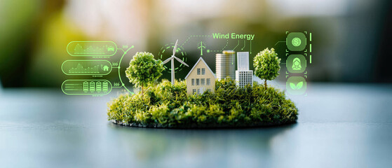 Miniature eco city model with wind turbines, trees, and futuristic green energy data interface, symbolizing renewable power, urban sustainability, and smart environmental planning for a cleaner future